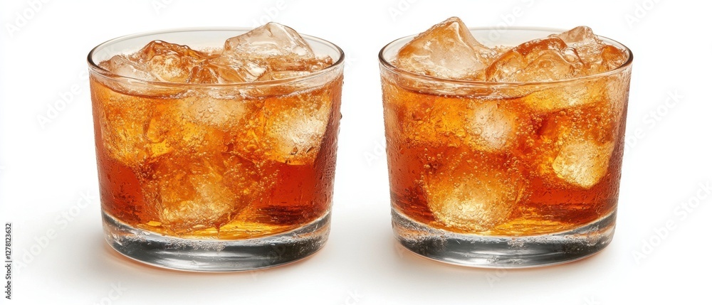 Poster refreshing iced beverage with ice cubes in clear glasses on a pristine white background capturing a 