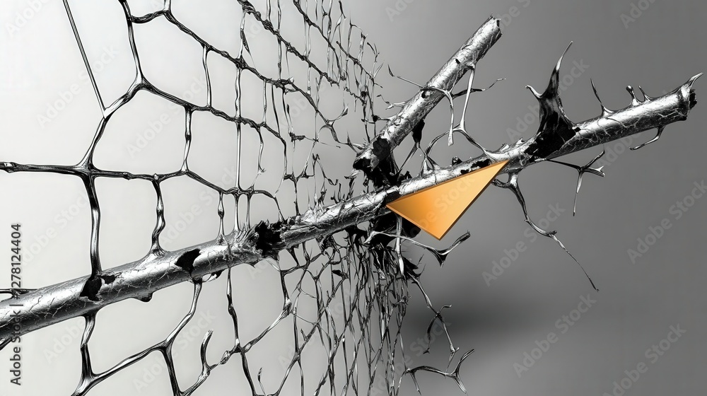 Poster abstract representation of a fractured metal structure with sharp edges against a minimalistic backg