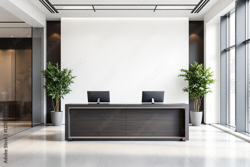 Aufkleber modern reception desk with dual monitors in bright office space with plants and large windows.