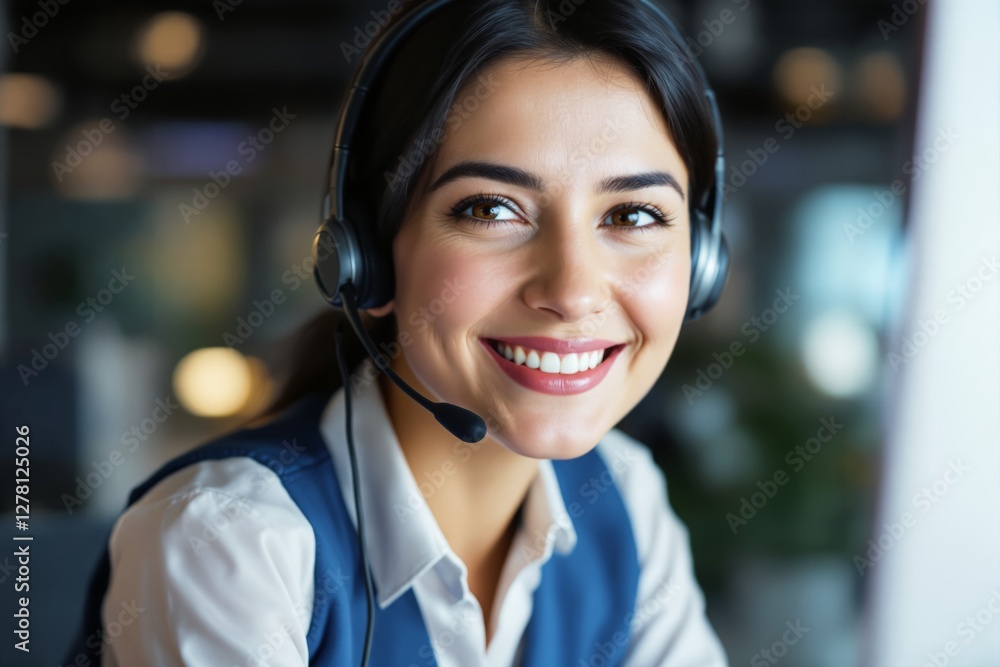 Poster smiling customer service representative with headset in a professional setting.