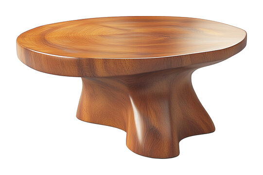 Table basse en bois massif avec design sculptural et organique, isol&eacute;e sur fond transparent