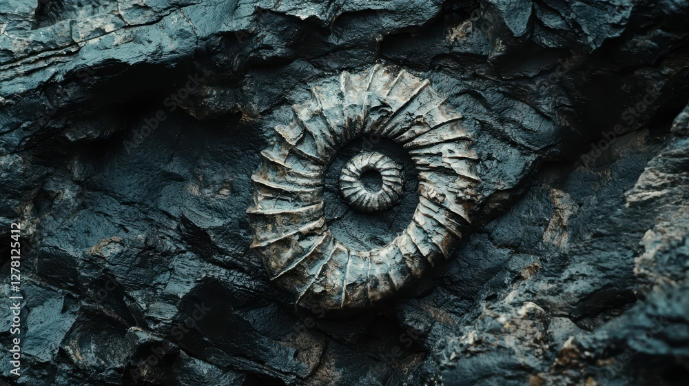 Poster detailed view of ammonite fossil embedded in dark rock surface