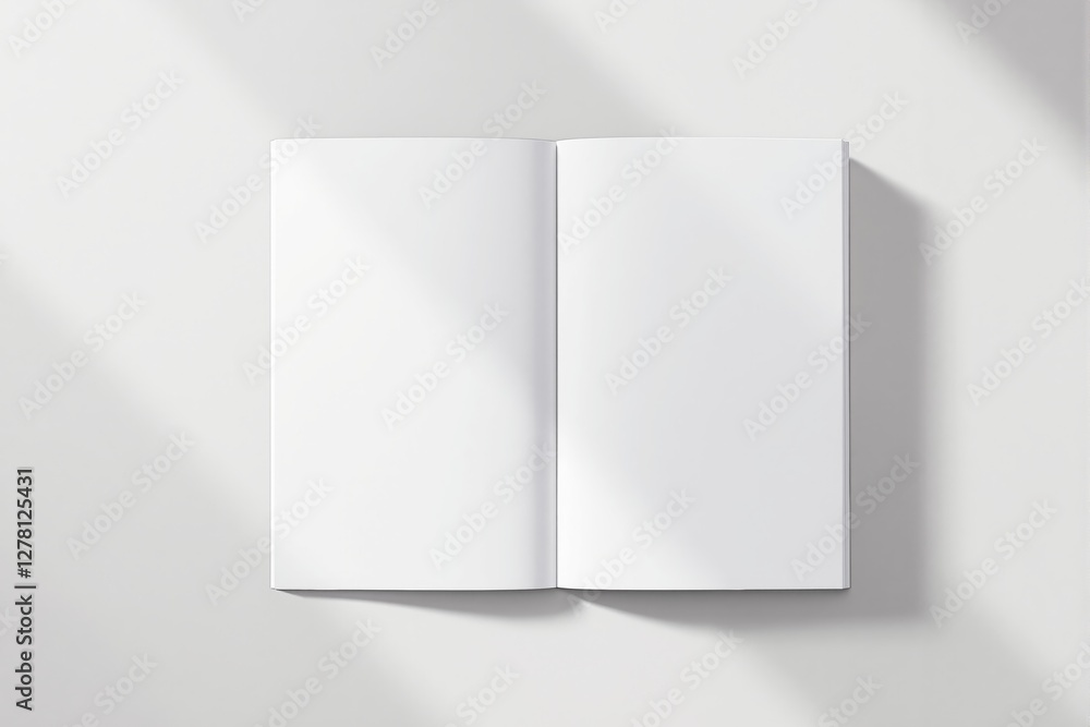 Poster Blank open book with sunlight on white background captured in minimalistic style.