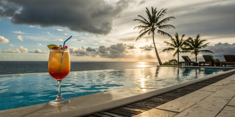 A Refreshing Cocktail in a Glass on the Edge of a Swimming Pool, Perfect for Summer Relaxation