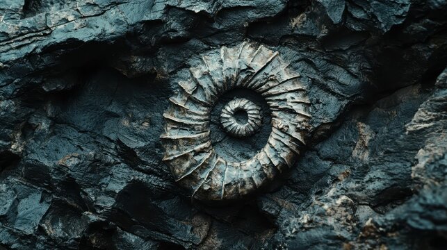 Detailed View of Ammonite Fossil Embedded in Dark Rock Surface