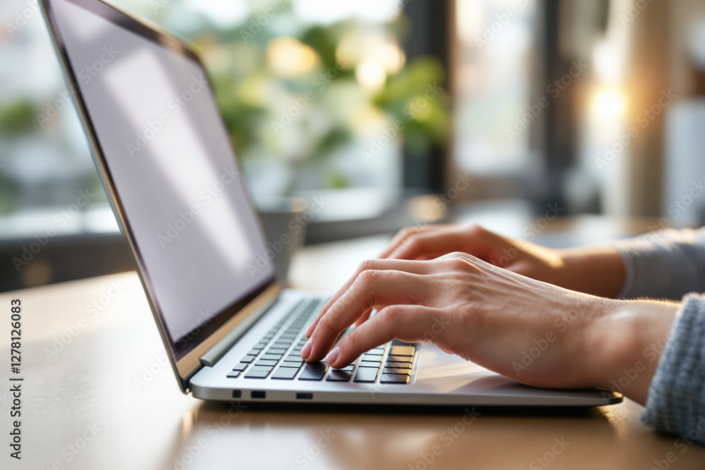 Poster hands typing on a laptop keyboard in a bright room with a blurred background of green plants and sun