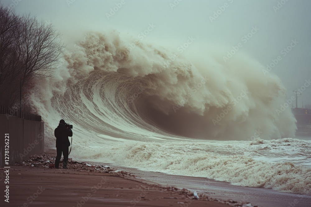 Aufkleber stormy waves crashing at the shoreline while a person captures the moment on a cloudy day