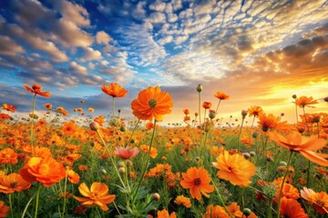 Obraz premium Vibrant Orange Cosmos Field at Sunset A Stunning Display of Nature's Beauty Under a Dramatic Sky