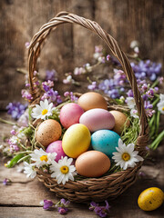 A wicker basket filled with colorful Easter eggs, surrounded by fresh white and yellow flowers, symbolizing joy, spring, and festive celebration.