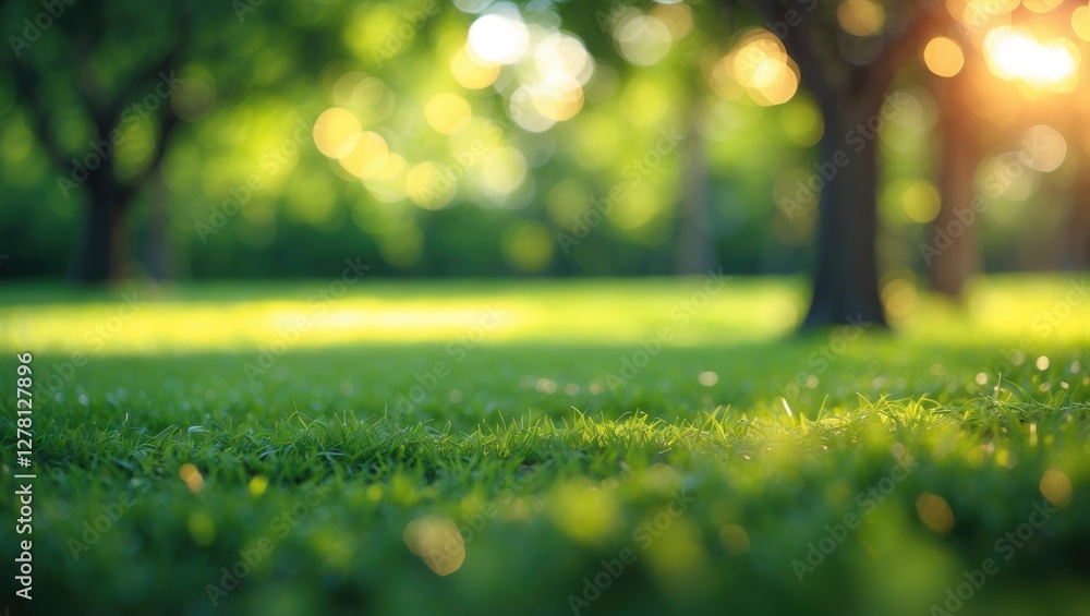 Aufkleber blurred background of green grass and trees in sunlight with bokeh effect, nature scenery in a park 