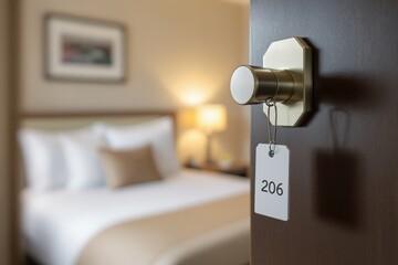 Hotel room door with key tag and blurred cozy bedroom in background.