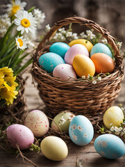 A wicker basket filled with colorful Easter eggs, surrounded by fresh white and yellow flowers, symbolizing joy, spring, and festive celebration.
