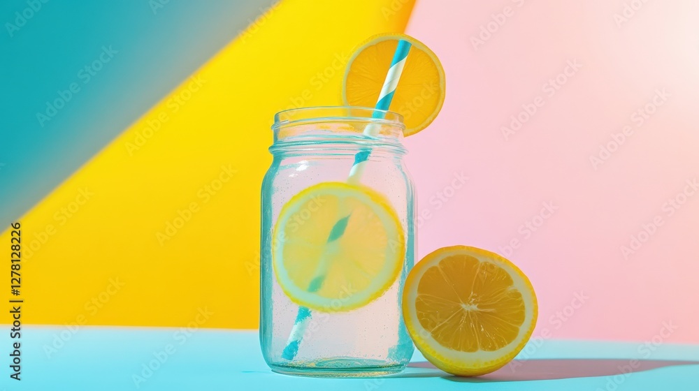 Poster refreshing lemonade in a glass jar with lemon slices on a colorful background