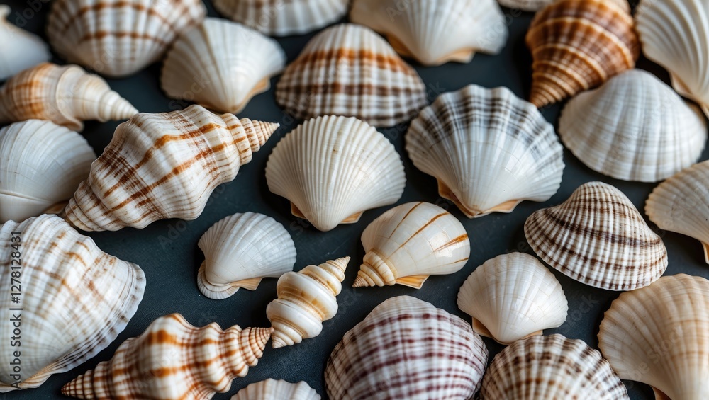 Aufkleber variety of white sea shells with intricate patterns arranged on a dark surface displaying diverse sh