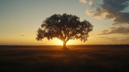 Fototapeta premium A tree standing alone in an open savannah, framed against a dramatic sunset.