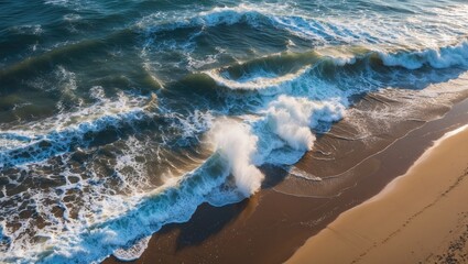Aerial view of ocean waves crashing onto sandy beach during daylight hours with clear blue water and foamy surf.