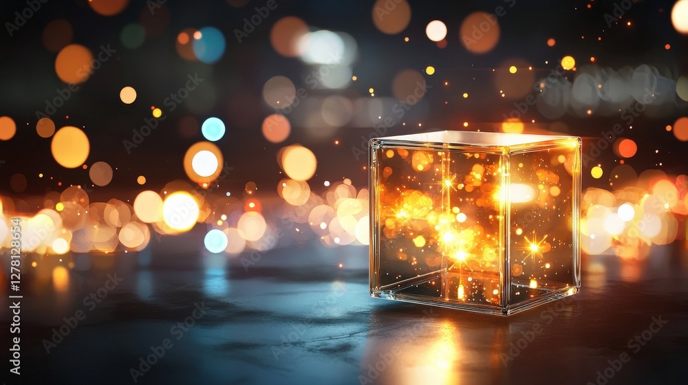 Poster glowing cube with sparkles in dark background