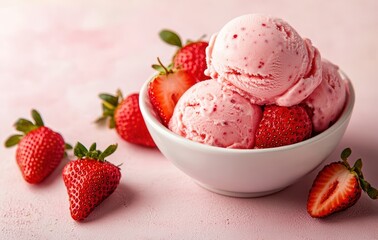 Delicious strawberry ice cream in a bowl, surrounded by fresh strawberries on a rustic wooden table.