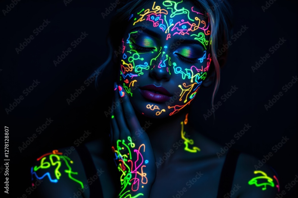 Poster neon face art with glowing patterns in the dark background.