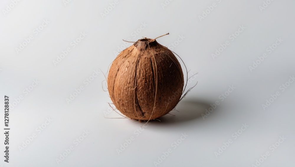 Poster brown coconut shell isolated on white background with natural fibers visible and subtle shadows crea