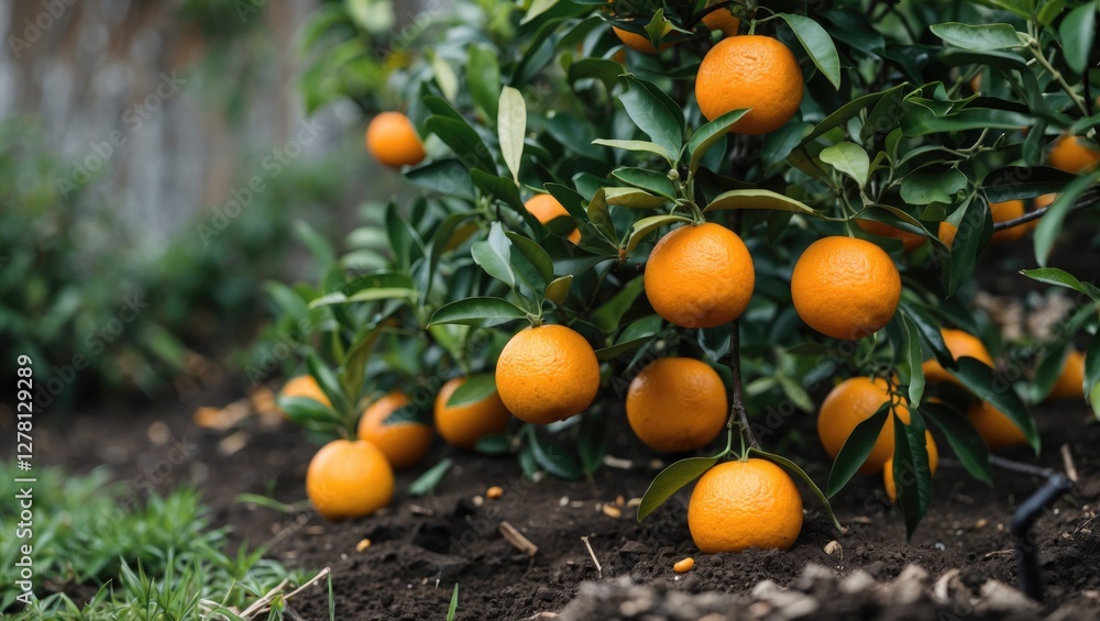 Poster orange tree with ripe oranges growing on branches in a garden setting with rich soil and greenery ar