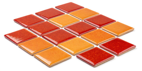 Stylish Collection of Orange and Red Square Tiles Isolated on a White Background for Modern Interiors