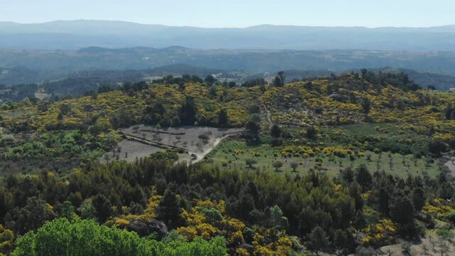Drone flying over Portuguese countryside, Valpacos in Portugal. Aerial panoramic view