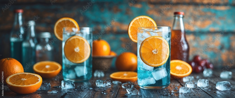 Poster refreshing blue beverage with sliced oranges in glasses on wooden table with additional fruits and b