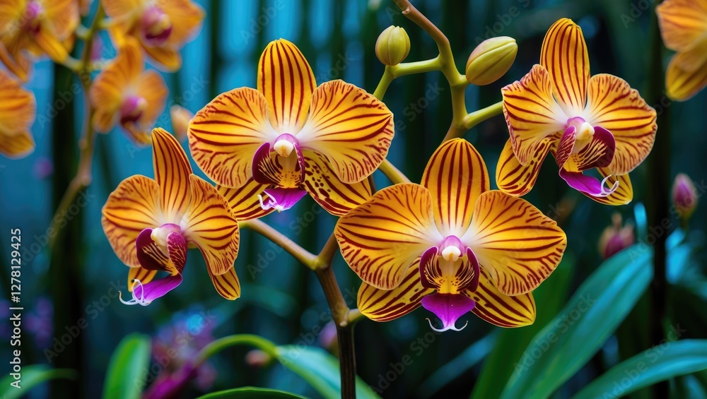 Poster vibrant orange and yellow orchids with intricate patterns showcasing multiple flowers in a lush gree