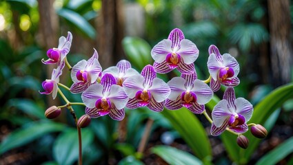 Obraz na płótnie Canvas Purple and white striped orchid flowers in a lush green garden background with blurred foliage