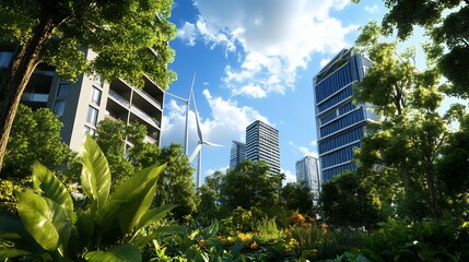 Fototapeta premium Eco-Friendly Urban Oasis: Sustainable Cityscape with Lush Greenery and Wind Turbine