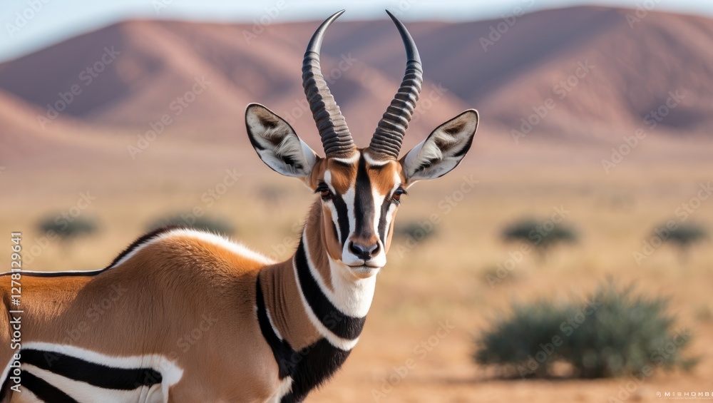 Poster antelope with distinctive stripes and large horns in a desert landscape with soft rolling hills and 
