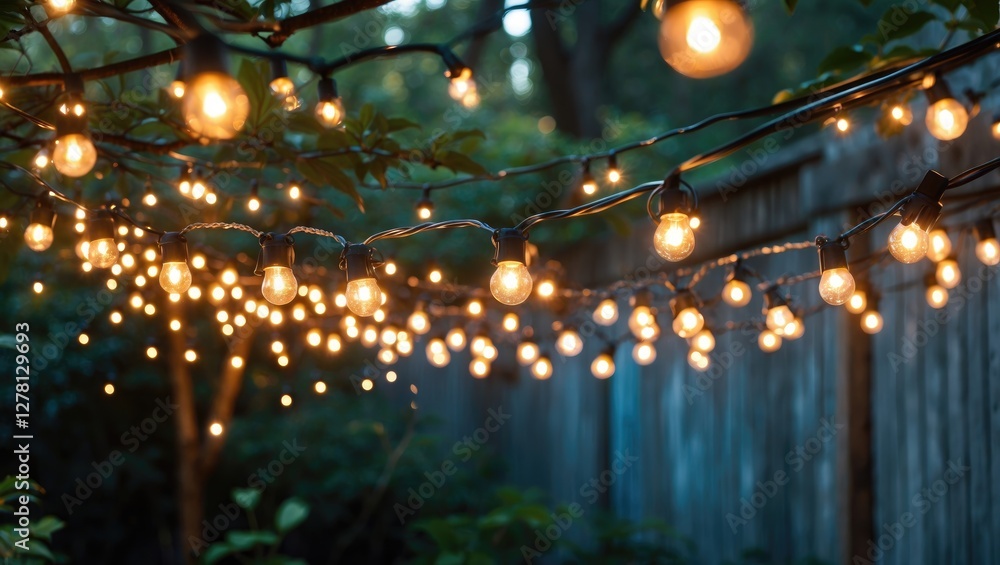 Aufkleber outdoor string lights illuminated at dusk in a garden setting with blurred fence and foliage in the 