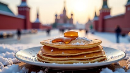Mount of pancakes against the backdrop of snow -covered Red Square, Sun, Holiday 