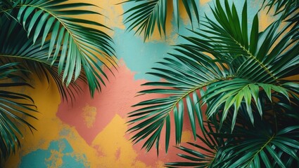 Tropical palm leaves against a textured colorful background featuring pastel shades of orange and turquoise