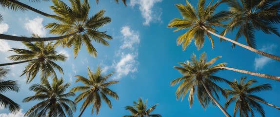 tall palm trees against a bright blue sky with scattered white clouds viewed from below in tropical setting