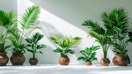 Obraz premium Indoor plants in terracotta pots arranged against a white wall with soft shadows and natural light in a modern interior setting