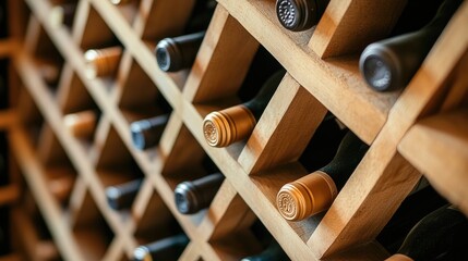 A warm wooden wine rack shelf in a cellar, filled with rows of neatly stacked wine bottles.