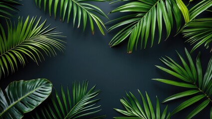 Tropical green palm leaves arranged on dark background creating a natural frame with copy space for design purposes