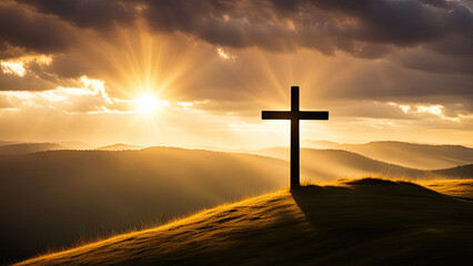 A wooden cross stands on a hill, illuminated by a golden sunset, symbolizing faith, hope, and spiritual reflection against a scenic landscape of rolling hills and dramatic clouds.