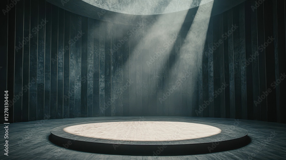 Poster dark studio with circular stage and rays of light from ceiling