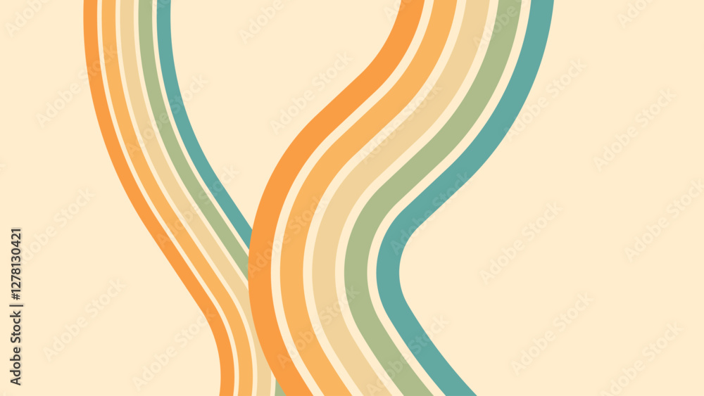 Wall mural abstract background of rainbow groovy wavy line design in 1970s hippie retro style. vector pattern r