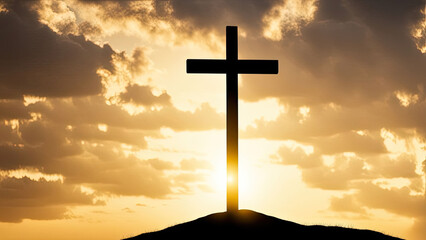 A wooden cross stands on a hill, illuminated by a golden sunset, symbolizing faith, hope, and spiritual reflection against a scenic landscape of rolling hills and dramatic clouds.