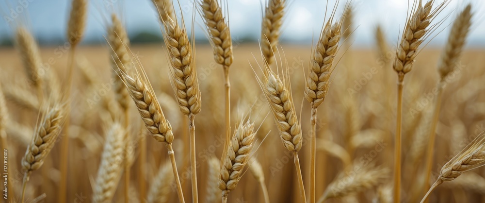 Poster close-up view of golden wheat stalks in a field with a cloudy sky in the background during late summ