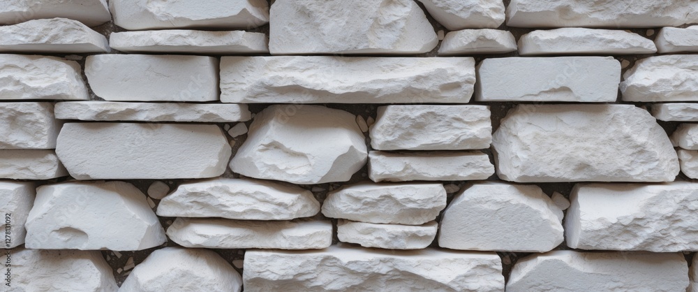 Poster white textured stone wall background with varying stone sizes and shapes arranged in a neat pattern.