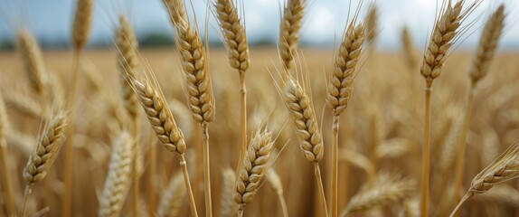 Fototapeta premium Close-up view of golden wheat stalks in a field with a cloudy sky in the background during late summer season.