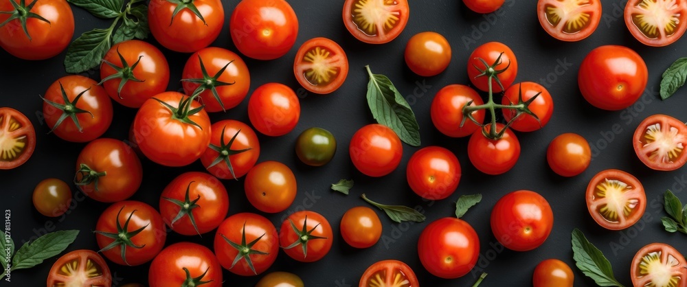 Poster assorted ripe tomatoes with green leaves on a dark background showcasing various shapes and sizes of