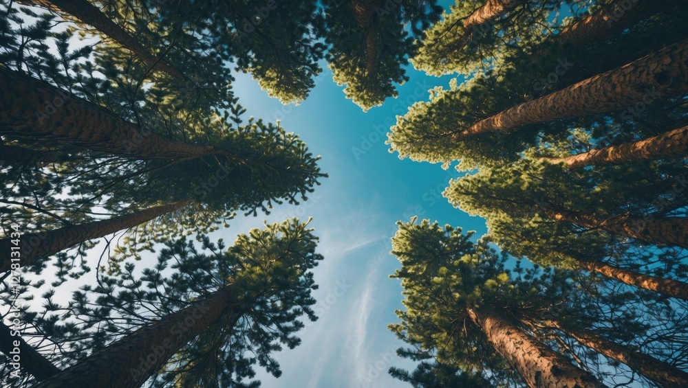 Aufkleber low angle view of tall evergreen trees against a blue sky with clouds in a forest setting during day
