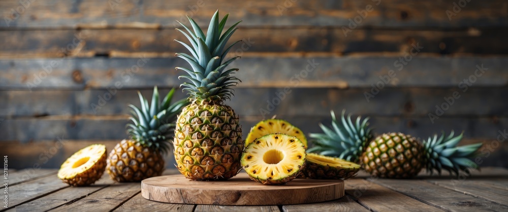 Poster pineapples whole and sliced on wooden table against rustic background with neutral tones