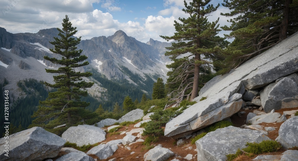Poster mountain landscape view with rocky terrain and coniferous trees under a partly cloudy sky in a wilde
